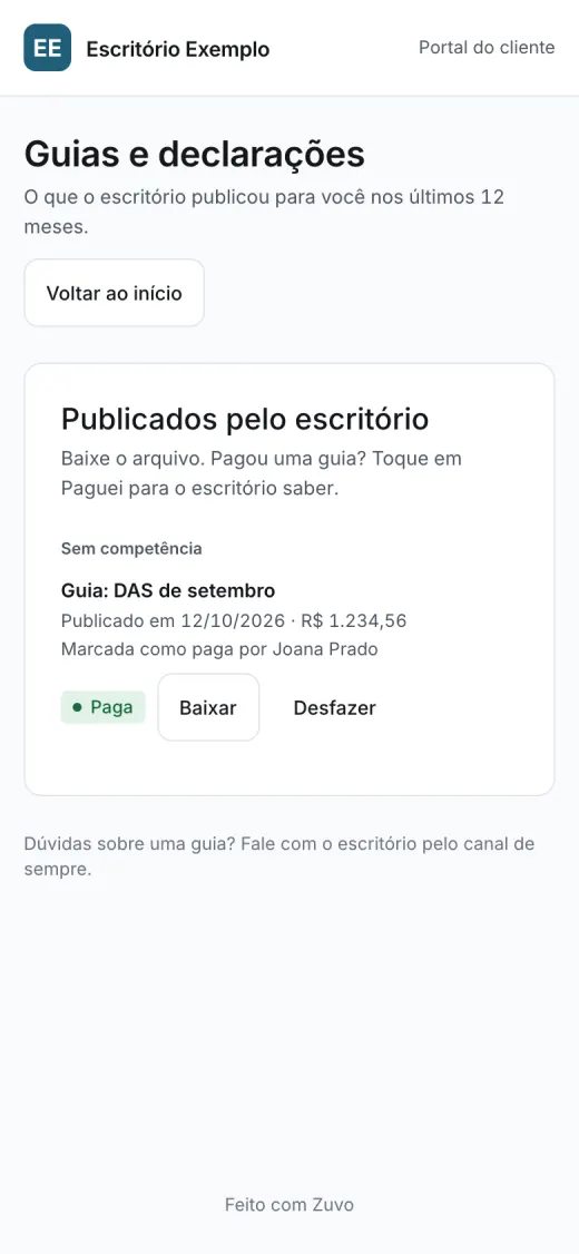 Portal do cliente no celular: guias e declarações publicadas pelo escritório, com a guia marcada como paga