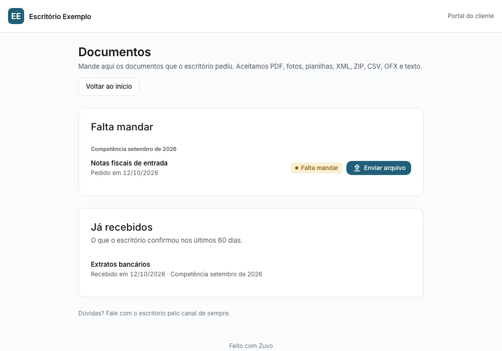 Página Documentos do portal: um documento que falta mandar, com Enviar arquivo, e um extrato já recebido pelo escritório