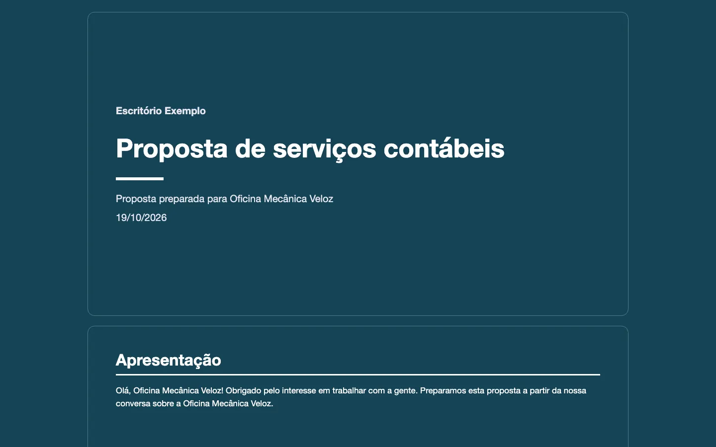 Capa e primeira parte da proposta no estilo Apresentação: fundo escuro feito com a cor do escritório, título, nome do cliente e data